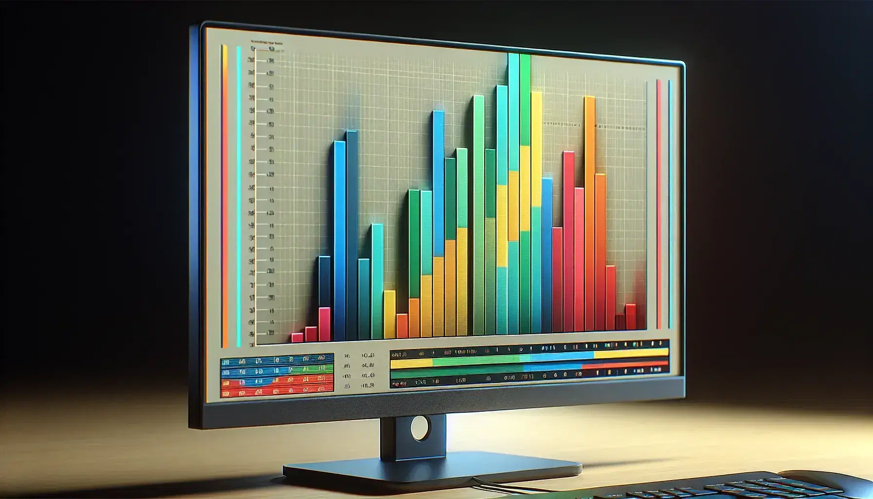 Colorful bar graph in ascending order on computer monitor, without labels, reflections on glossy screen, blurred background.