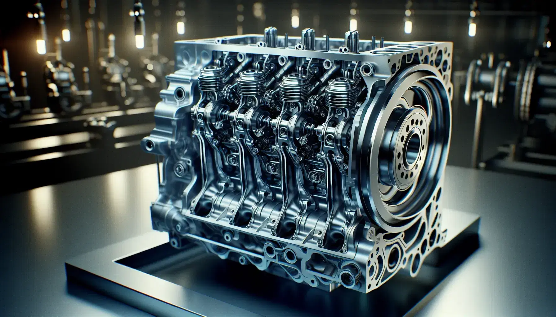 Close-up view of a polished internal combustion engine with visible pistons, cylinders, and crankshaft, set against a dynamometer background.