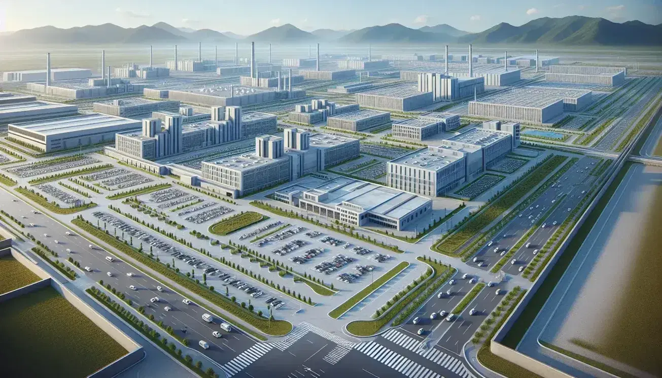 Vista aérea de complejo industrial con edificios de techos planos y cúpulas, calles con vehículos, zona verde y montañas al fondo bajo cielo despejado.