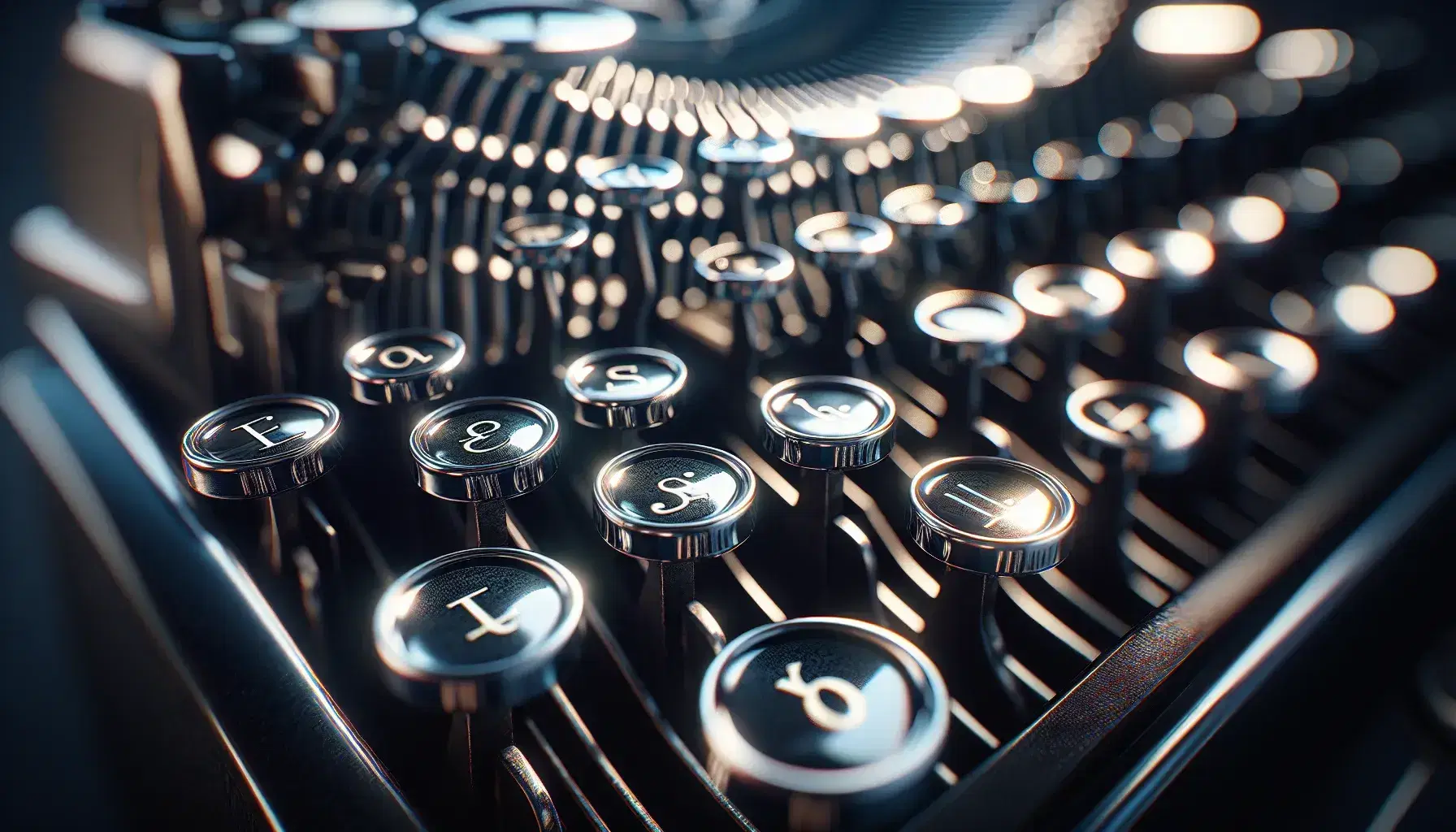 Tasti lucidi di una vecchia macchina da scrivere con enfasi su tasti ellissi, trattino, parentesi e asterisco, riflessi luminosi su sfondo sfocato.