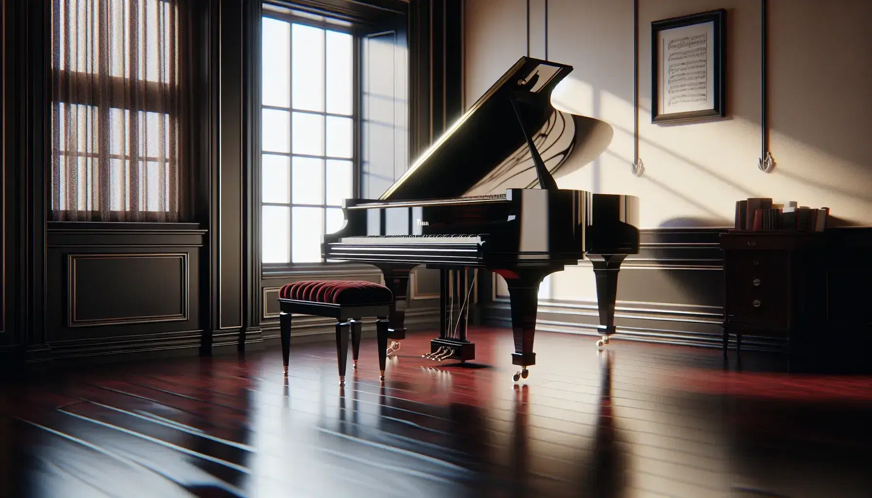 Pianoforte a coda nero lucido in stanza illuminata con pareti crema, sgabello regolabile in legno scuro e leggio con spartiti.