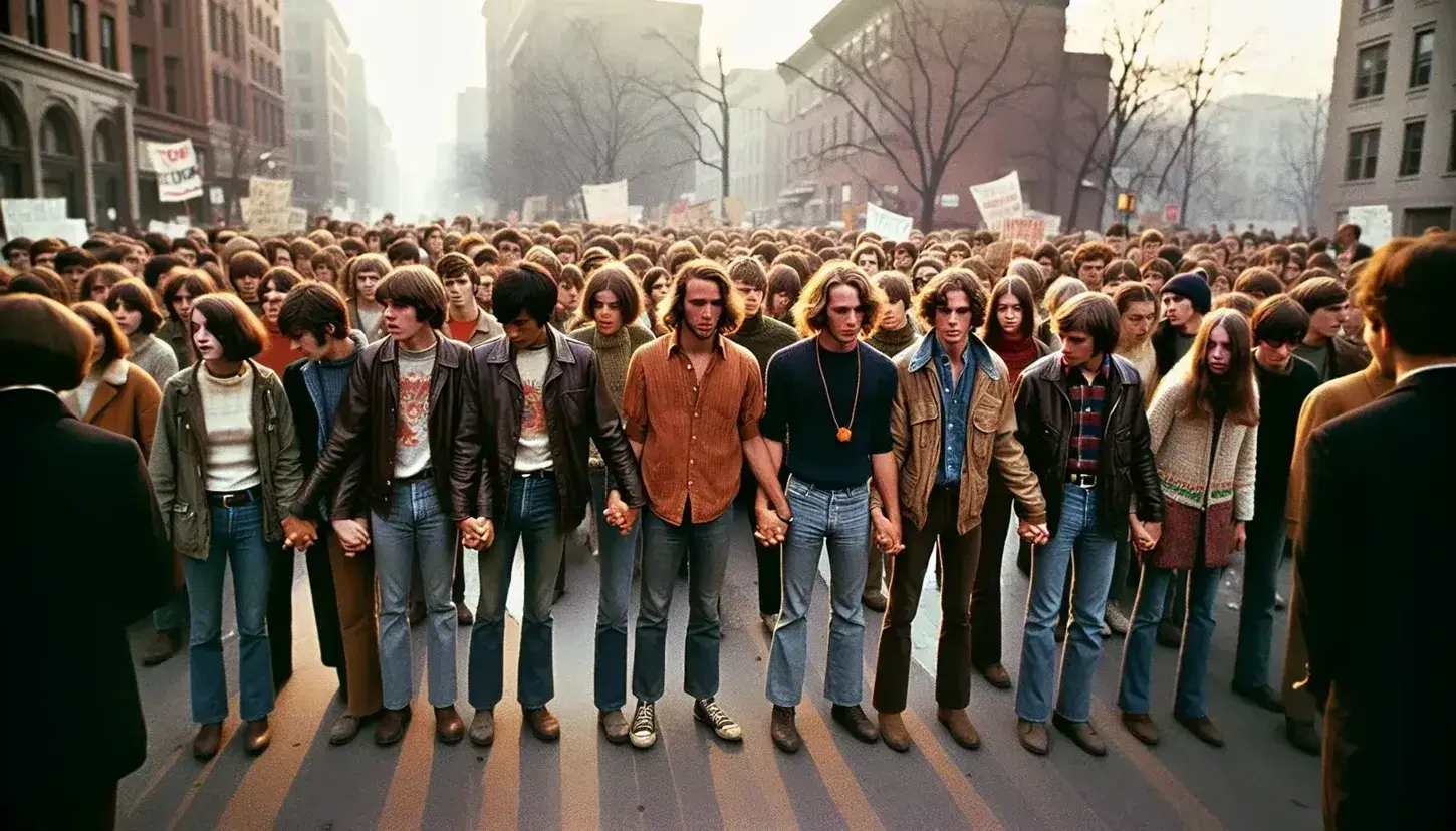 Giovani studenti in catena umana durante protesta del 1968, con abbigliamento casual e fasce colorate, esprimono unità e speranza.