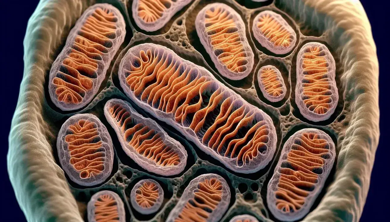 Vista microscópica de mitocondrias con membranas dobles y crestas internas en el citoplasma celular, teñidas en tonos marrón y rojo.