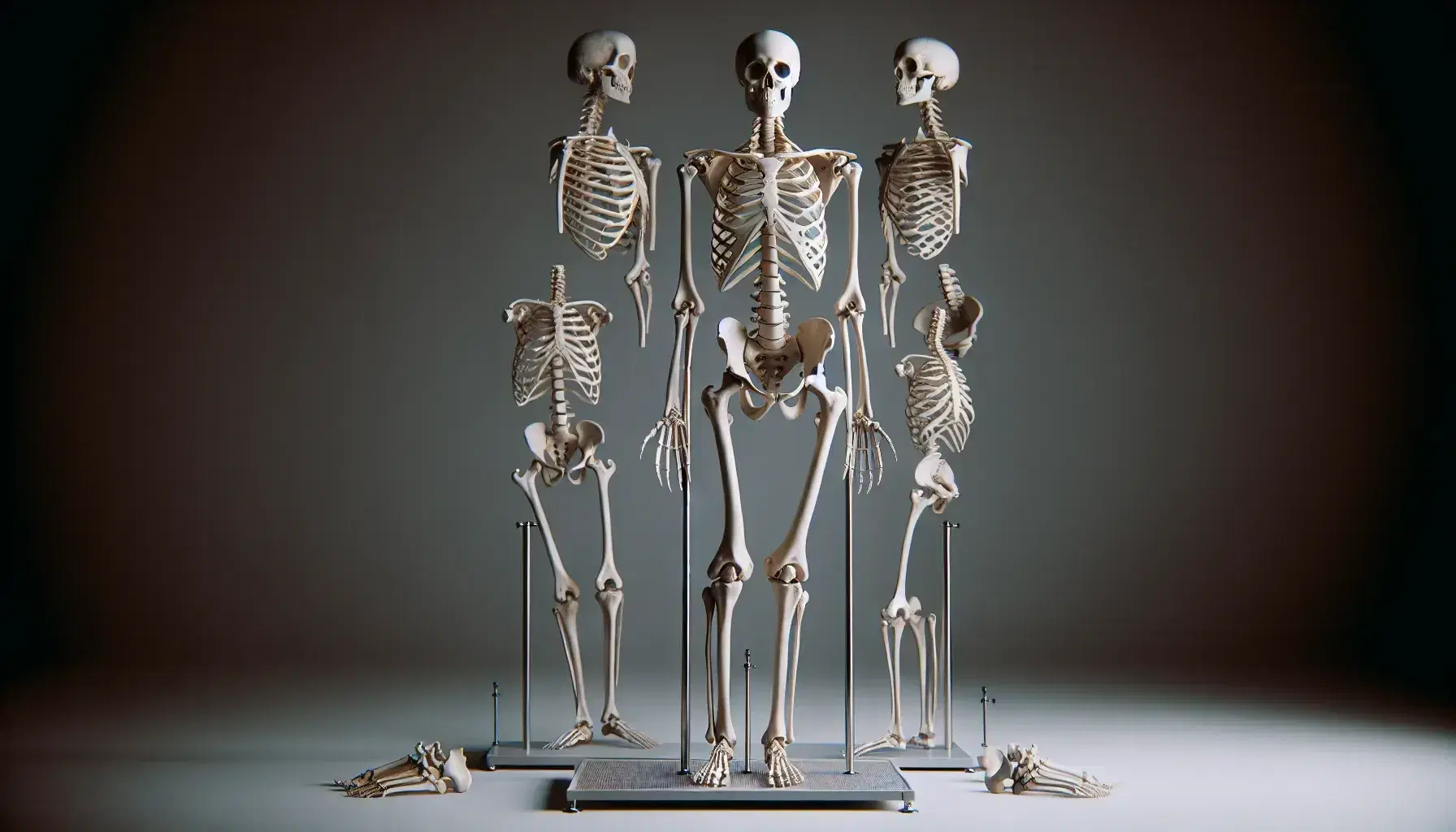 Esqueleto humano completo de pie con soporte metálico, mostrando claramente la estructura ósea del tórax, pelvis y extremidades.