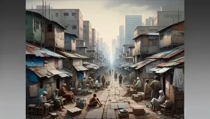 Aged urban scene with dirt road, metal and wooden shelters, people in used clothes and blurred skyscrapers in the background.