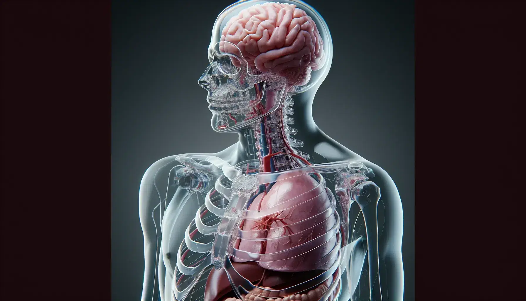 Modelo anatómico humano transparente de tamaño real mostrando cerebro, corazón, pulmones y sistema vascular en vista lateral.