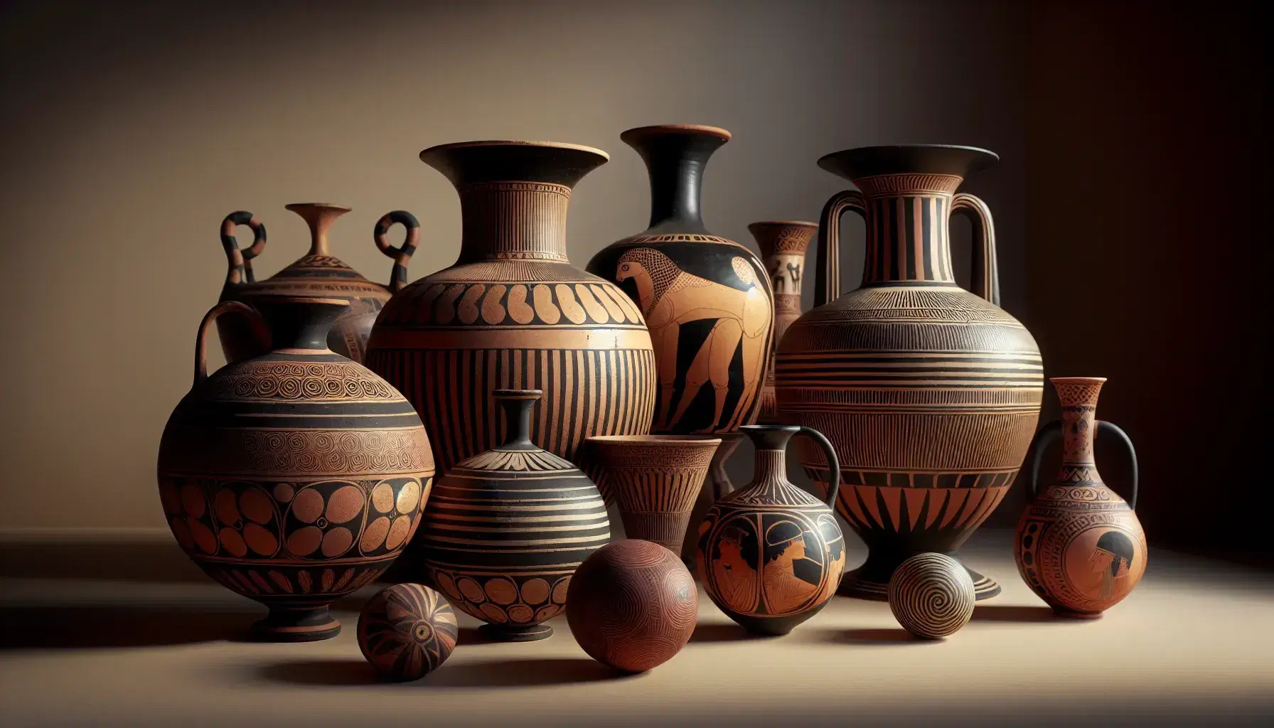Colección de vasijas griegas antiguas, incluyendo un vaso protogeométrico, una pieza geométrica, una ánfora orientalizante y una copa ática con escenas mitológicas.
