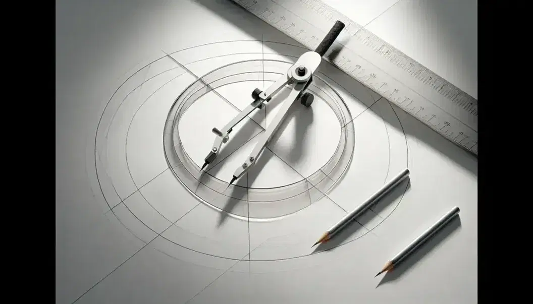 Geometric drawing with compass on paper, featuring a circle with a diameter and perpendicular bisector, alongside a ruler and protractor.
