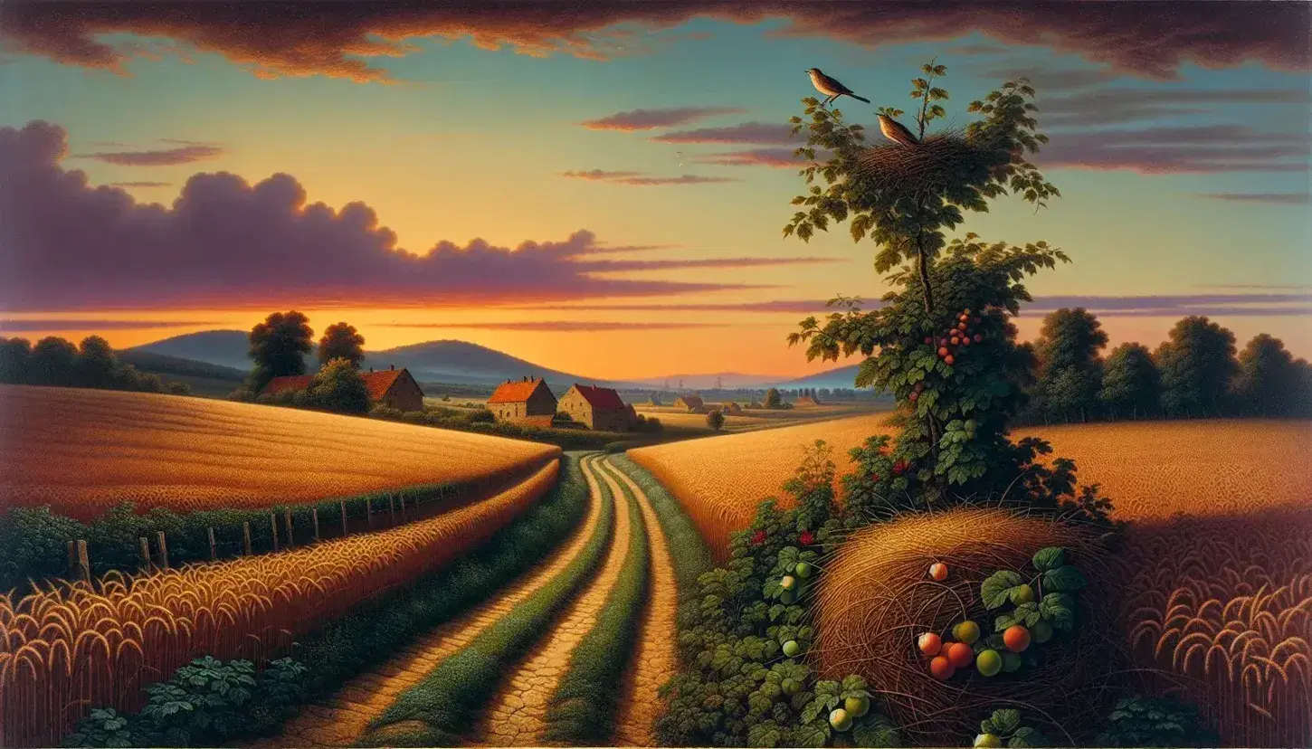Paesaggio campestre al tramonto con sentiero tra campi di grano dorato, casa rurale in lontananza, alberi da frutto, nido con uccellini e farfalla su fiore.