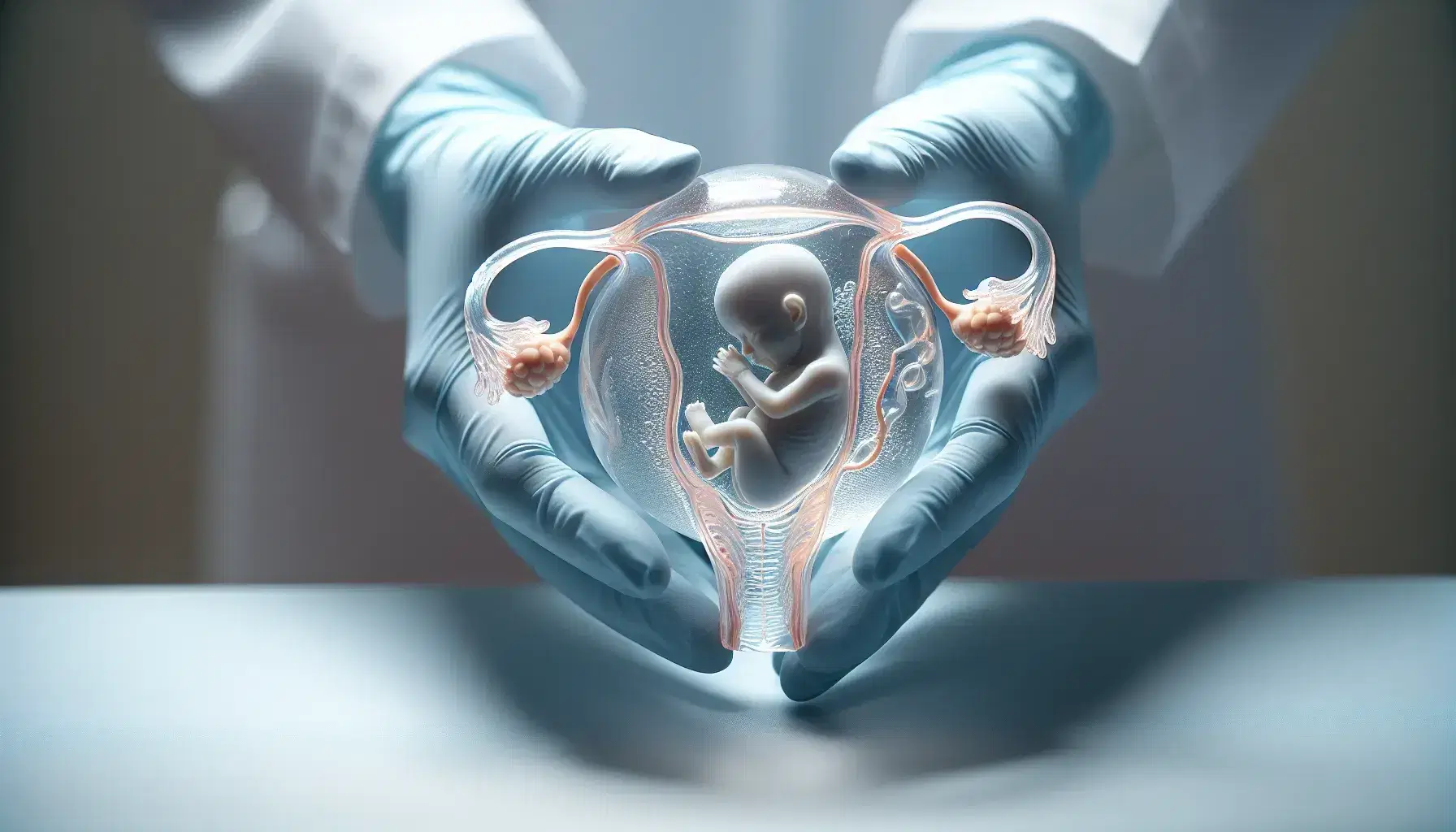 Manos enguantadas sostienen modelo anatómico transparente del útero humano con feto en posición fetal, rodeado por membranas amnióticas y fluido simulado, en fondo clínico desenfocado.