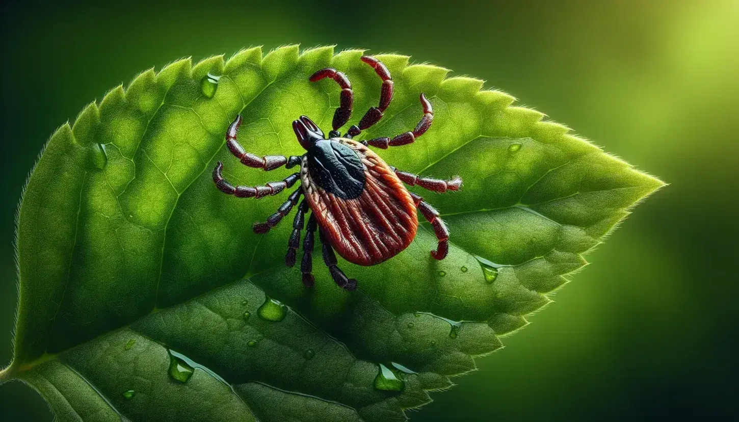 Close-up of a black-legged tick on a green leaf with water droplets, showcasing its reddish-brown body and black scutum against a blurred forest backdrop.