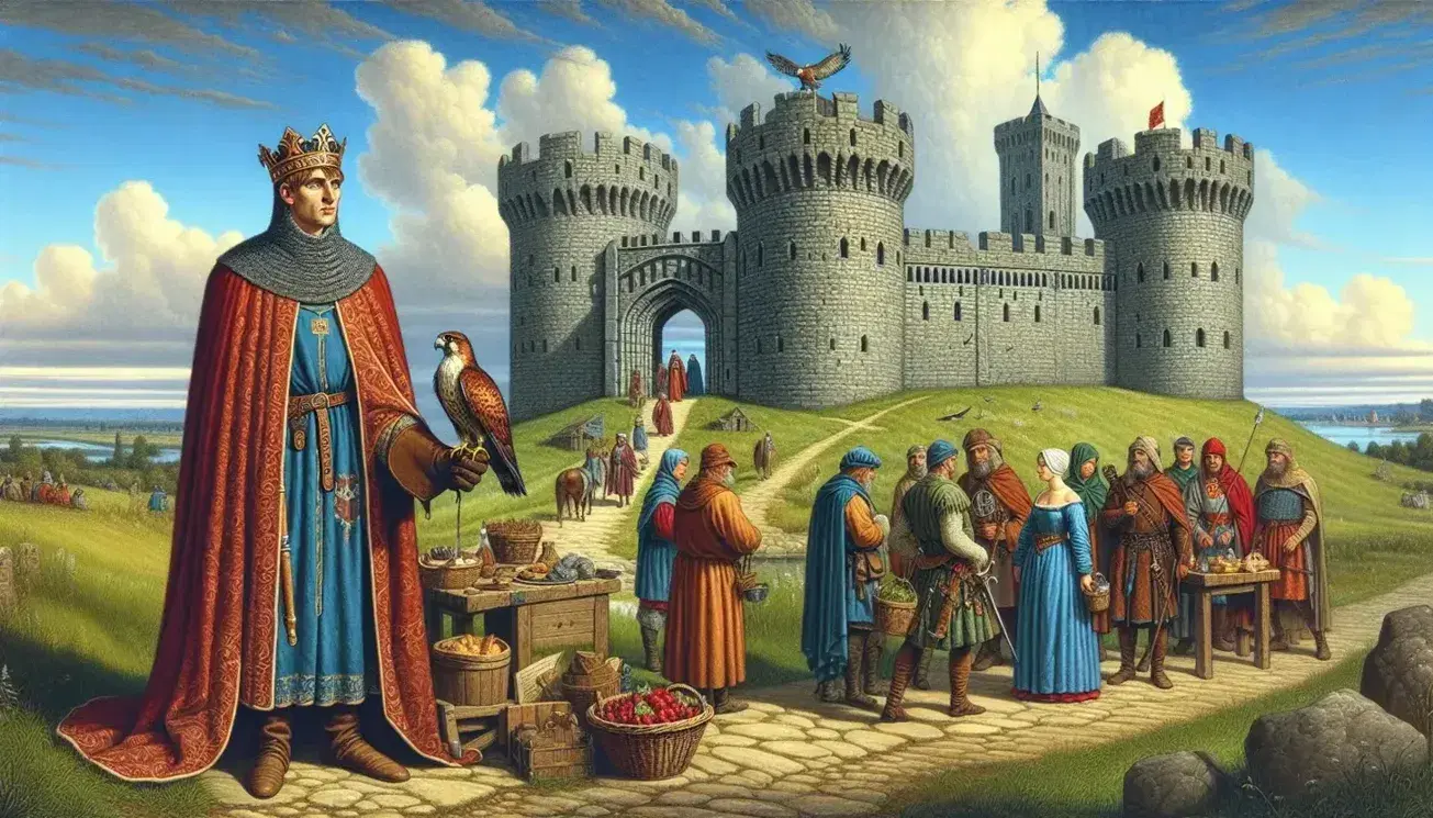 Castello medievale su collina con imperatore in mantello rosso e falco, e persone in abiti d'epoca in attività di mercato.