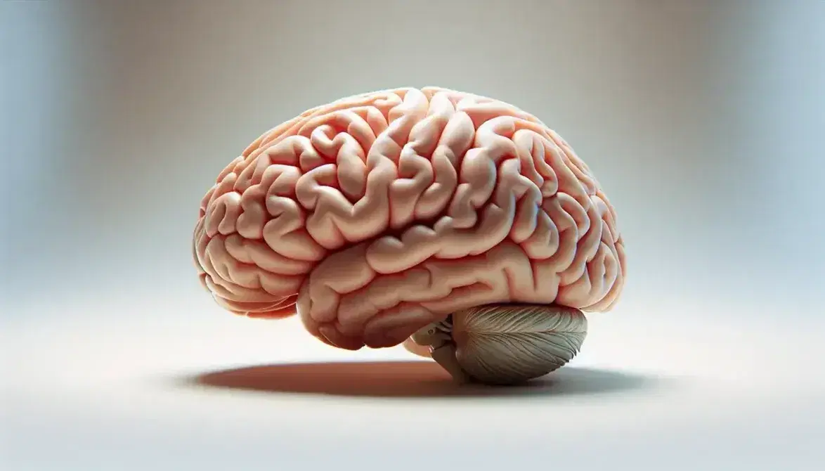 Detailed anatomical model of the human brain in lateral view with evident sulci and gyri on a light neutral background.