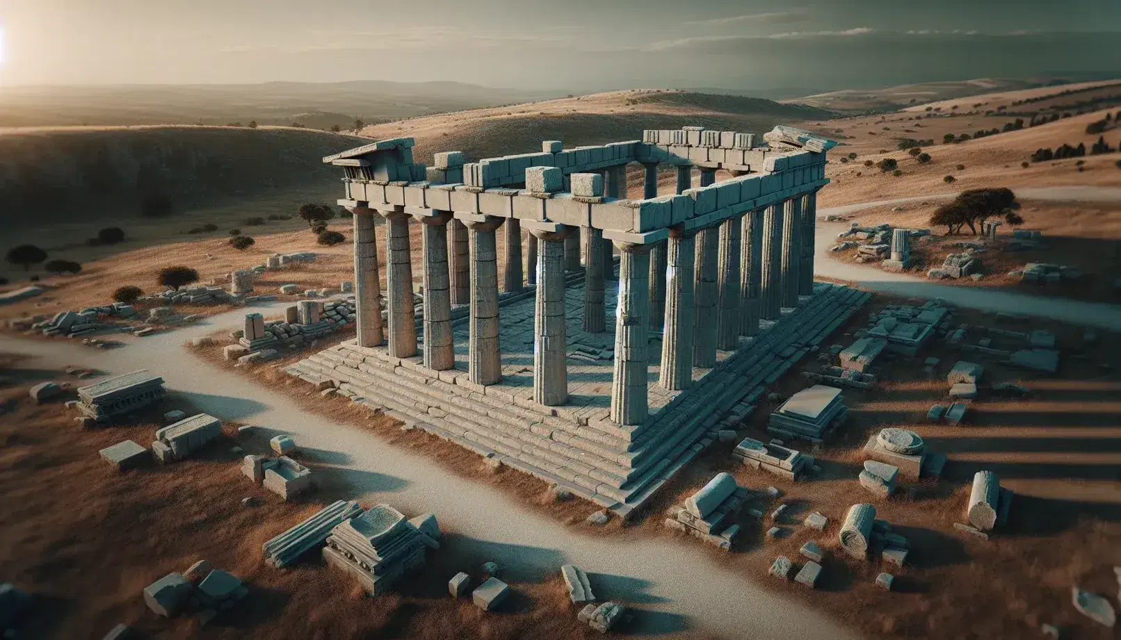 Veduta aerea delle rovine di un tempio greco antico con colonne doriche e cielo azzurro, in un paesaggio arido e collinare.