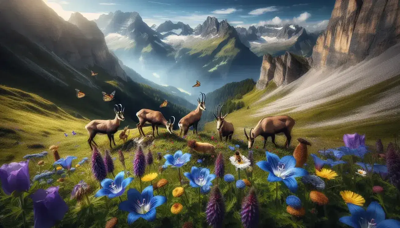 Paesaggio alpino con prato verde, fiori selvatici colorati, farfalle, api e camosci su sfondo di montagne innevate e cielo azzurro.