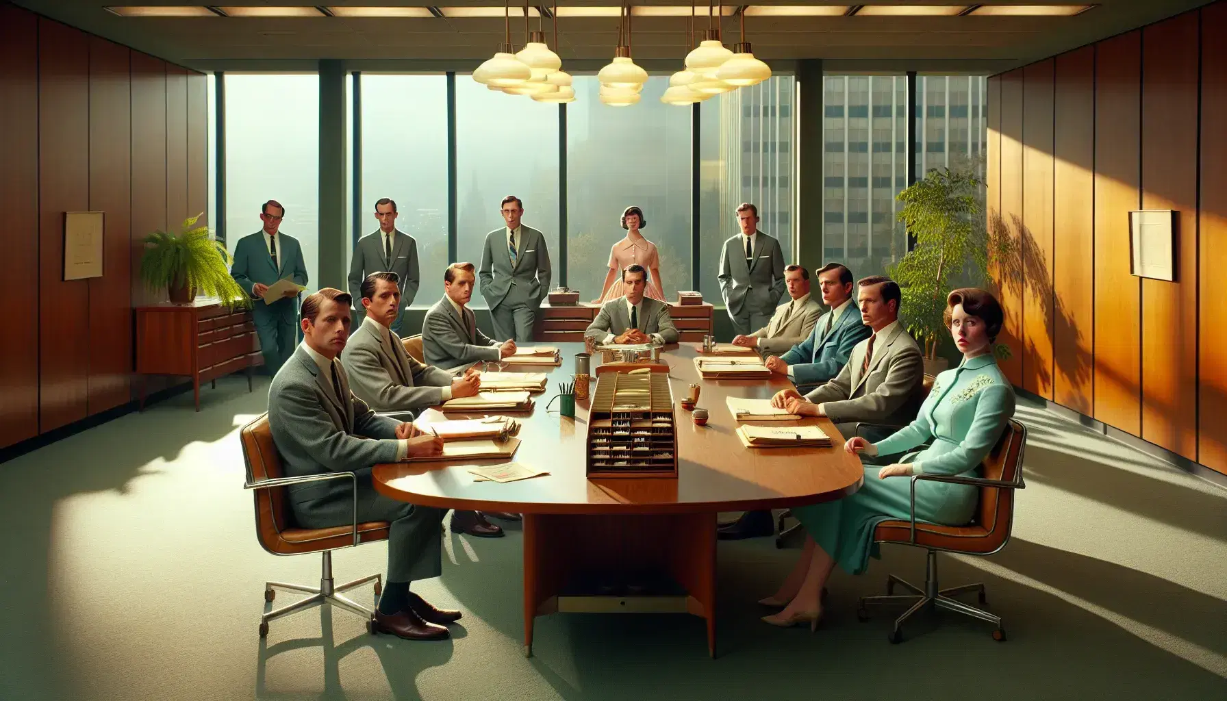 Mid-century modern office with men in suits seated at a wooden conference table, woman by filing cabinet, cityscape through window, and green plants.