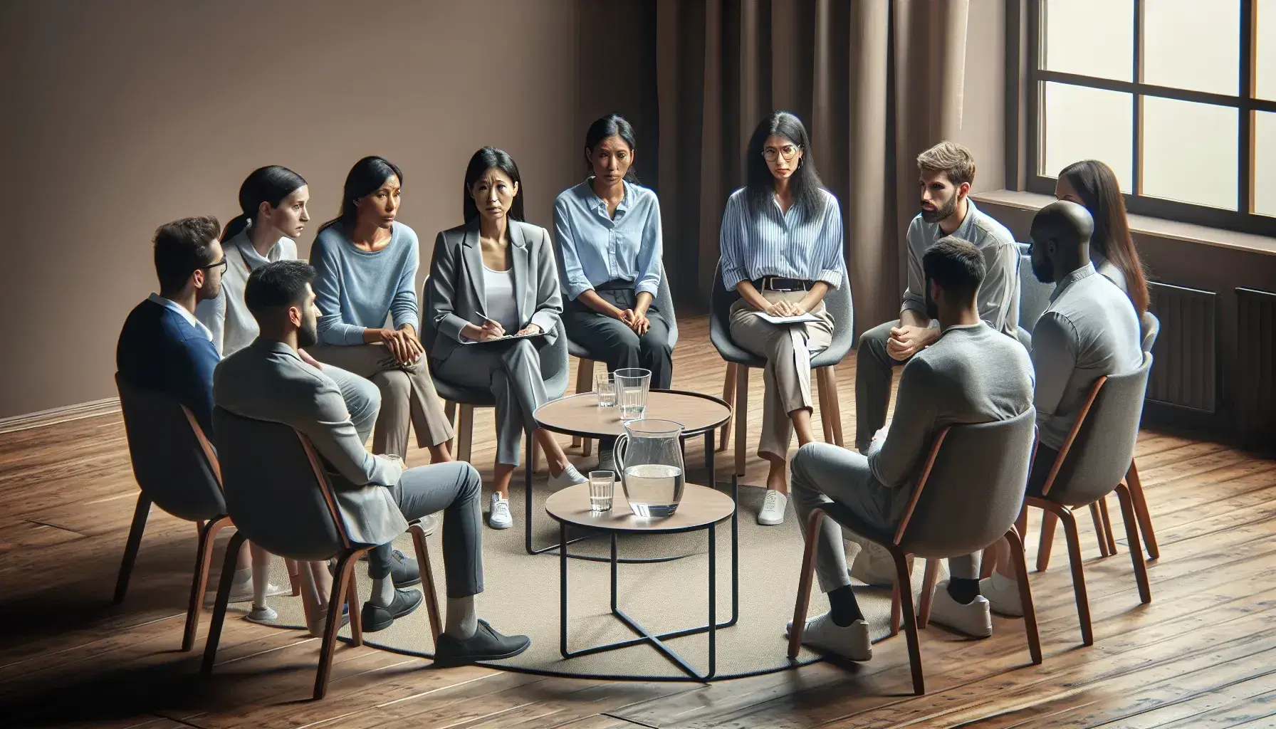 Multi-ethnic group sitting in a semicircle actively discussing, South Asian woman in the center seems to be moderating, serene environment, table with carafe and empty glasses.