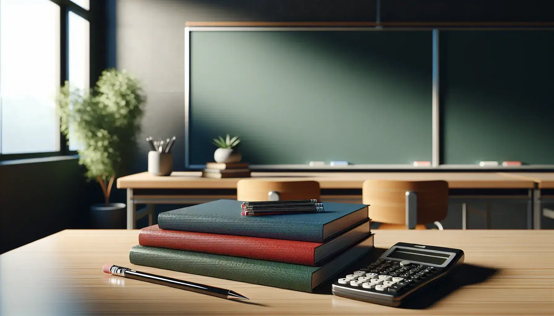 Classroom with a desk featuring a calculator, color-coded notebooks, and a mechanical pencil, with a chalkboard and plant in the background.
