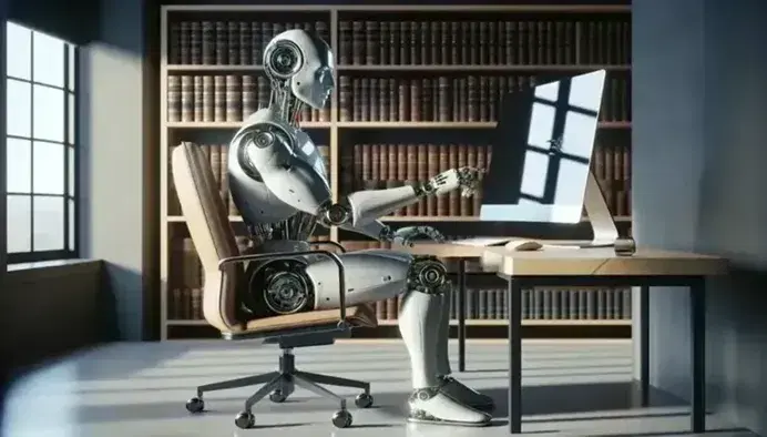 Robot umanoide argenteo seduto alla scrivania, manovra mouse e tastiera, circondato da libri e illuminato da luce naturale.