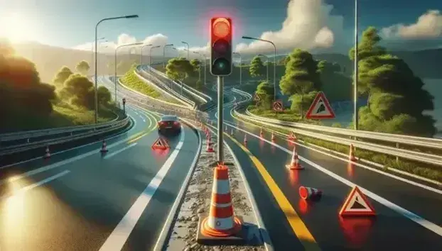 Strada asfaltata serpeggiante in paesaggio naturale con semaforo rosso, cono arancione a sinistra e segnale di pericolo in lontananza, auto in avvicinamento.