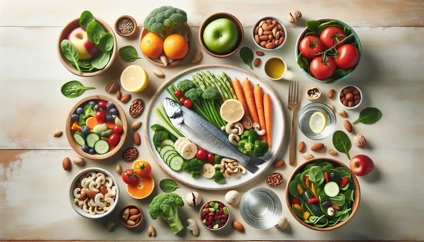 Mesa de madera con comida saludable, plato de pescado al vapor con vegetales coloridos, ensalada verde con tomates, vaso de agua con limón, bandeja de frutas y bol de frutos secos.