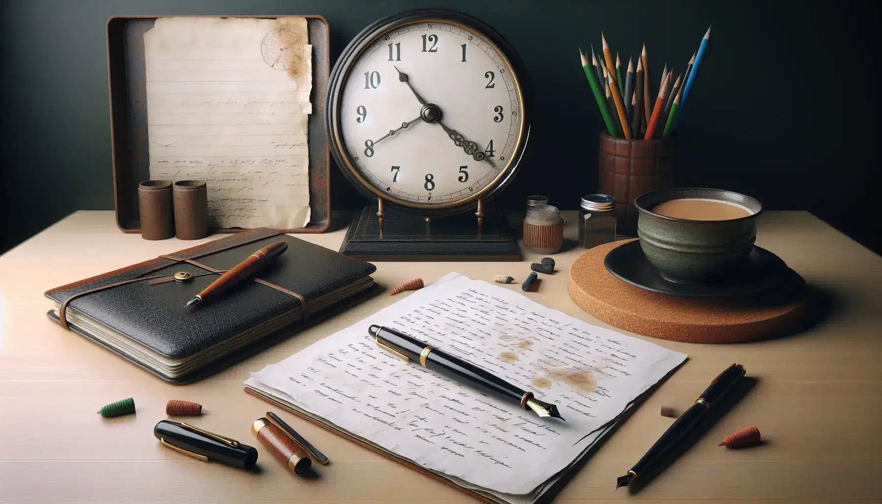Scrivania in legno chiaro con foglio bianco, penna stilografica, quaderno aperto, matite colorate, orologio analogico e lavagna verde.