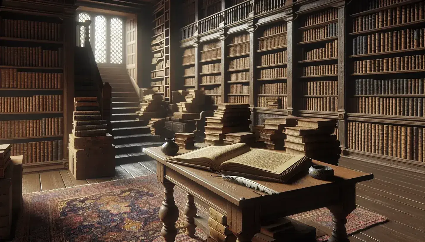 Biblioteca antigua con estantes de madera oscura llenos de libros, mesa con libro abierto, pluma y tintero, ventana iluminando y alfombra persa.