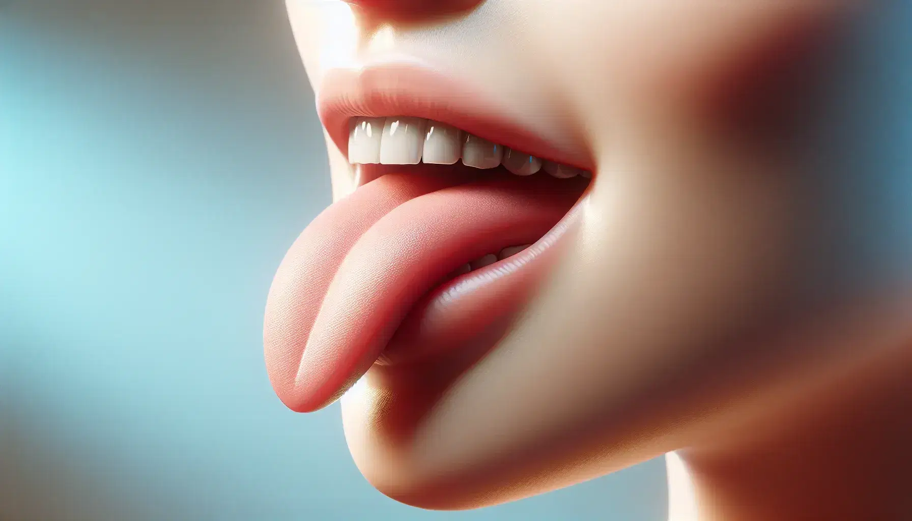 Close-up side view of a slightly parted human mouth with upper teeth visible, tongue touching the roof, set against a soft blue background.