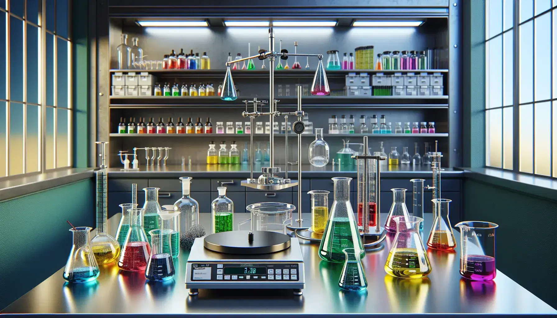 Laboratorio scientifico moderno con tavolo in acciaio, becher con liquidi colorati, bilancia analitica digitale e cappa aspirante.