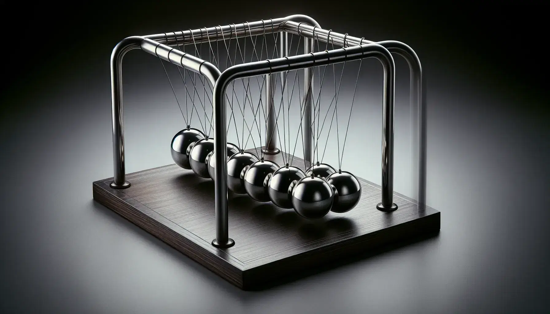 Classic Newton's cradle with shiny metallic spheres suspended by strings, two moving and three stationary, on blurred background.