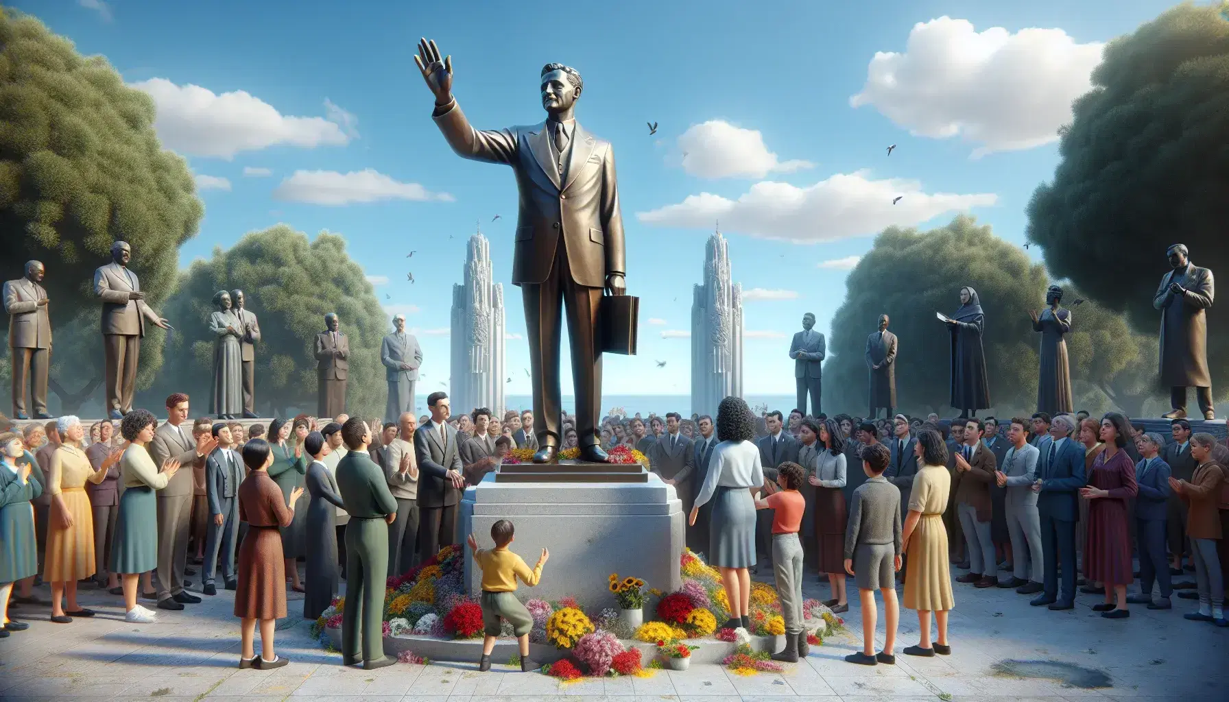 Grupo diverso rinde homenaje a estatua de bronce de hombre con traje y libro, rodeada de flores bajo cielo azul.