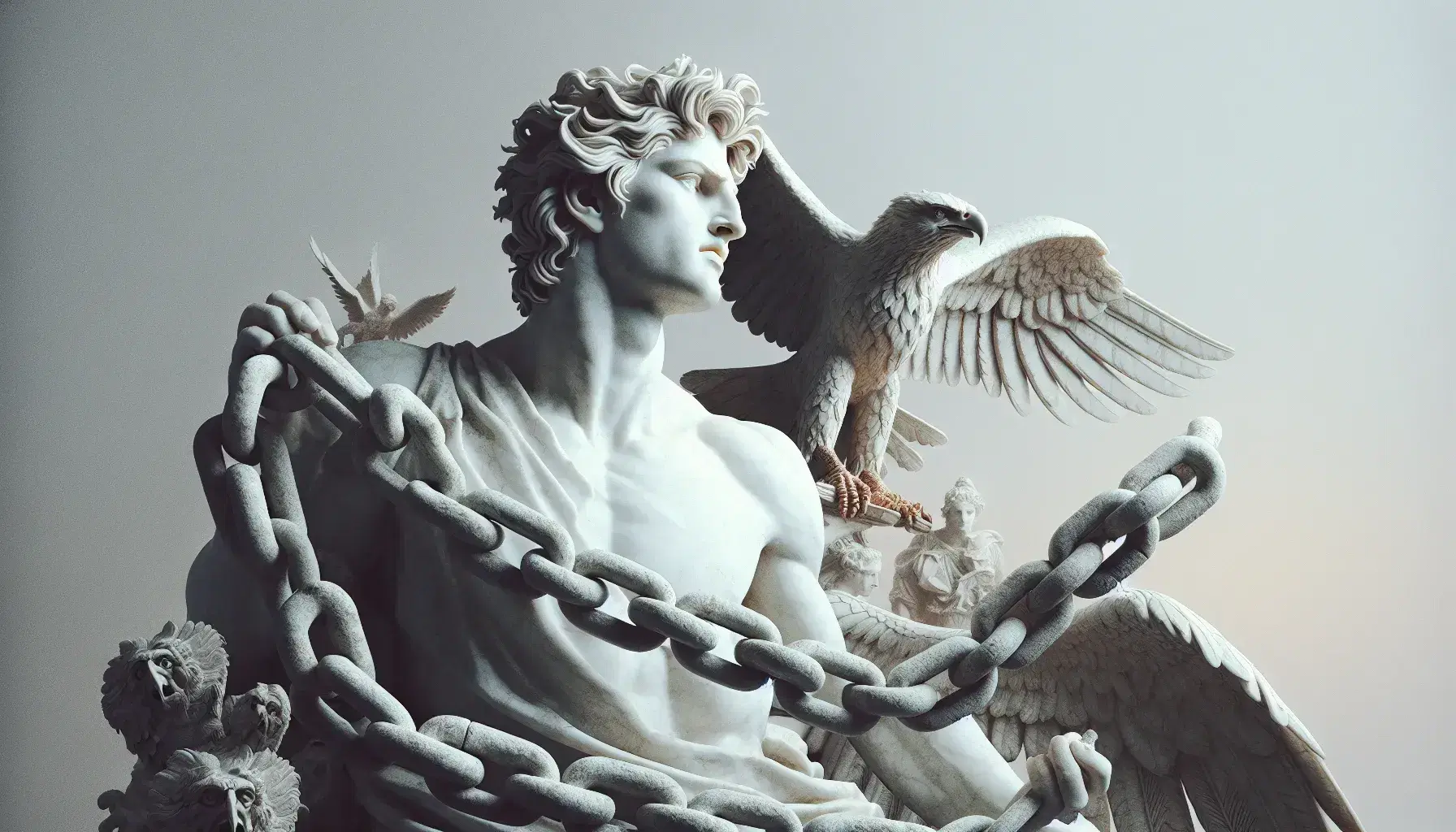 Scultura in marmo di Prometeo pensieroso con torso muscoloso e aquila dalle ali spiegate, catena al polso e roccia scura sullo sfondo.