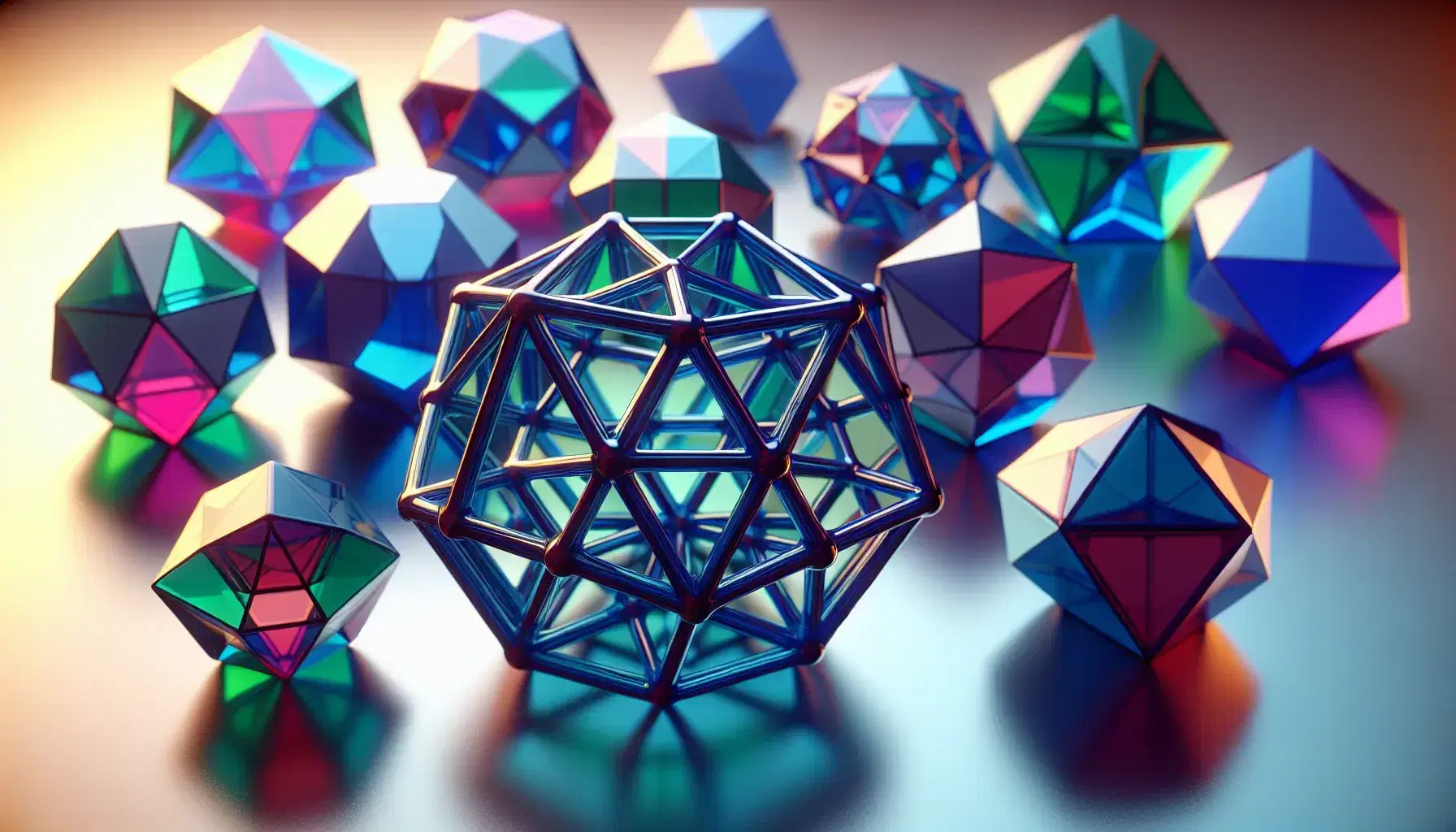 Symmetrical polyhedra collection on reflective surface, featuring a blue icosahedron, red tetrahedron, green octahedron, and purple dodecahedron.