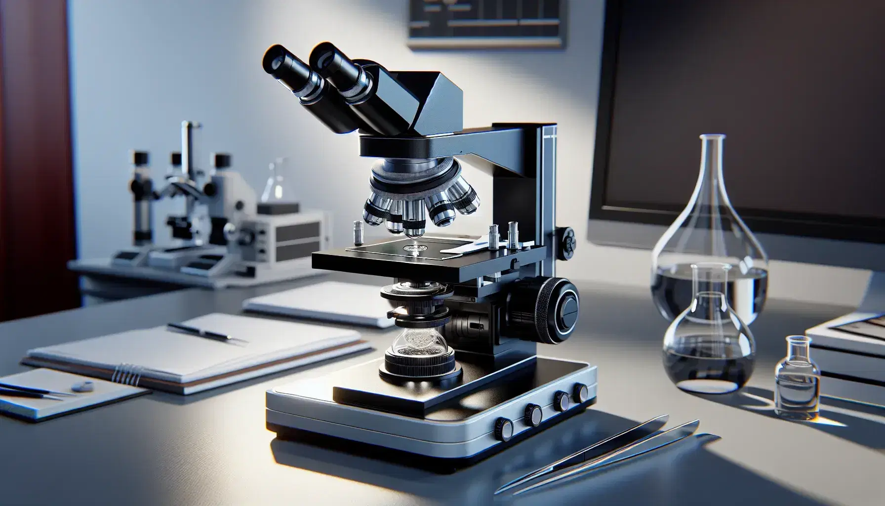 Microscopio óptico de laboratorio sobre mesa de trabajo con portaobjetos y muestra biológica, pinzas y botella de líquido junto a él.