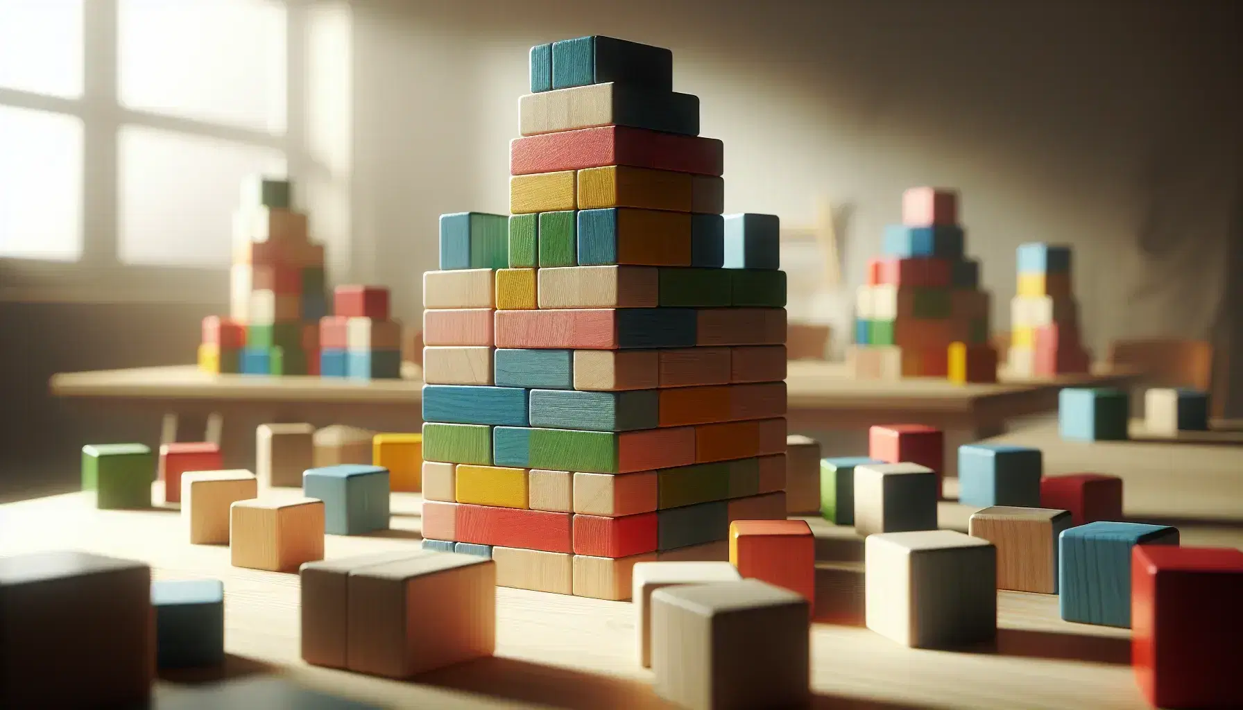 Torre de bloques de madera de colores apilados en equilibrio sobre superficie clara, con fondo desenfocado que sugiere un ambiente interior.