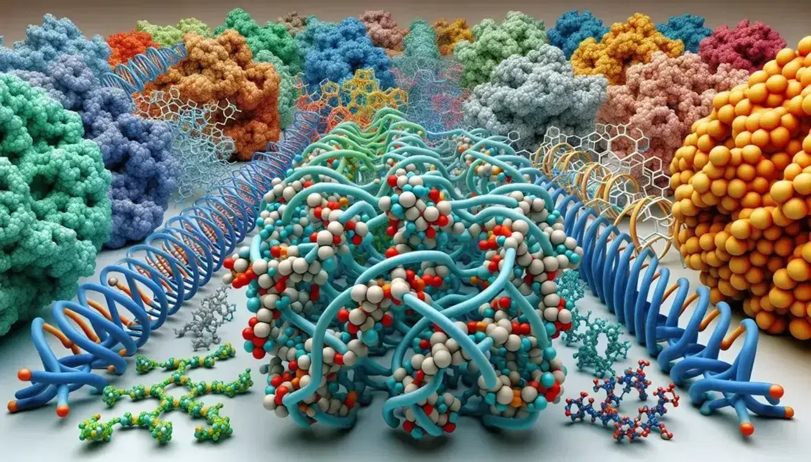 Modelos moleculares 3D con doble hélice de ADN en azul y verde, proteína globular en rojo y azul, cadena de carbohidratos y lípidos en blanco.
