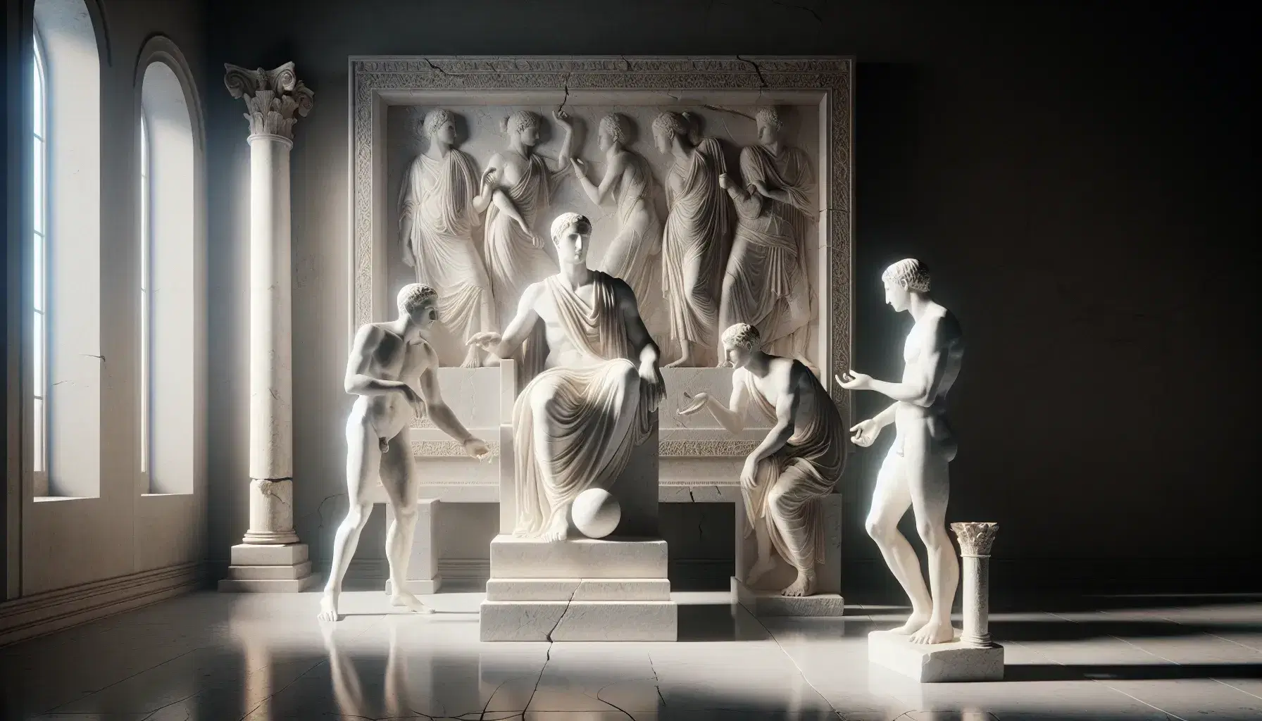 Escultura de mármol blanco con tres figuras humanas en diálogo, una de pie y dos sentadas, junto a columna y friso parcialmente rotos, bajo iluminación natural suave.