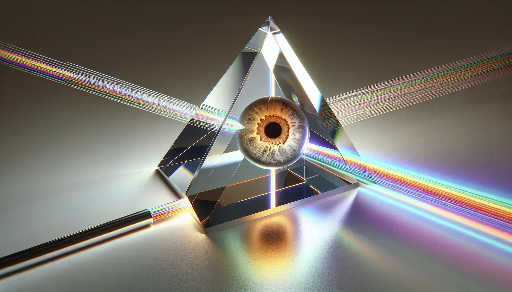 Prisma de vidrio descomponiendo luz en espectro de colores frente a ojo humano con reflejo, junto a cable de fibra óptica y lentes ópticos sobre superficie lisa.