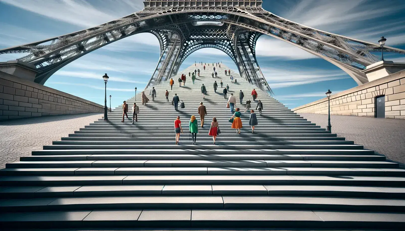 Staircase with smooth light-gray stones leading to the Eiffel Tower's base, under a clear blue sky with scattered clouds and colorful tourists ascending.