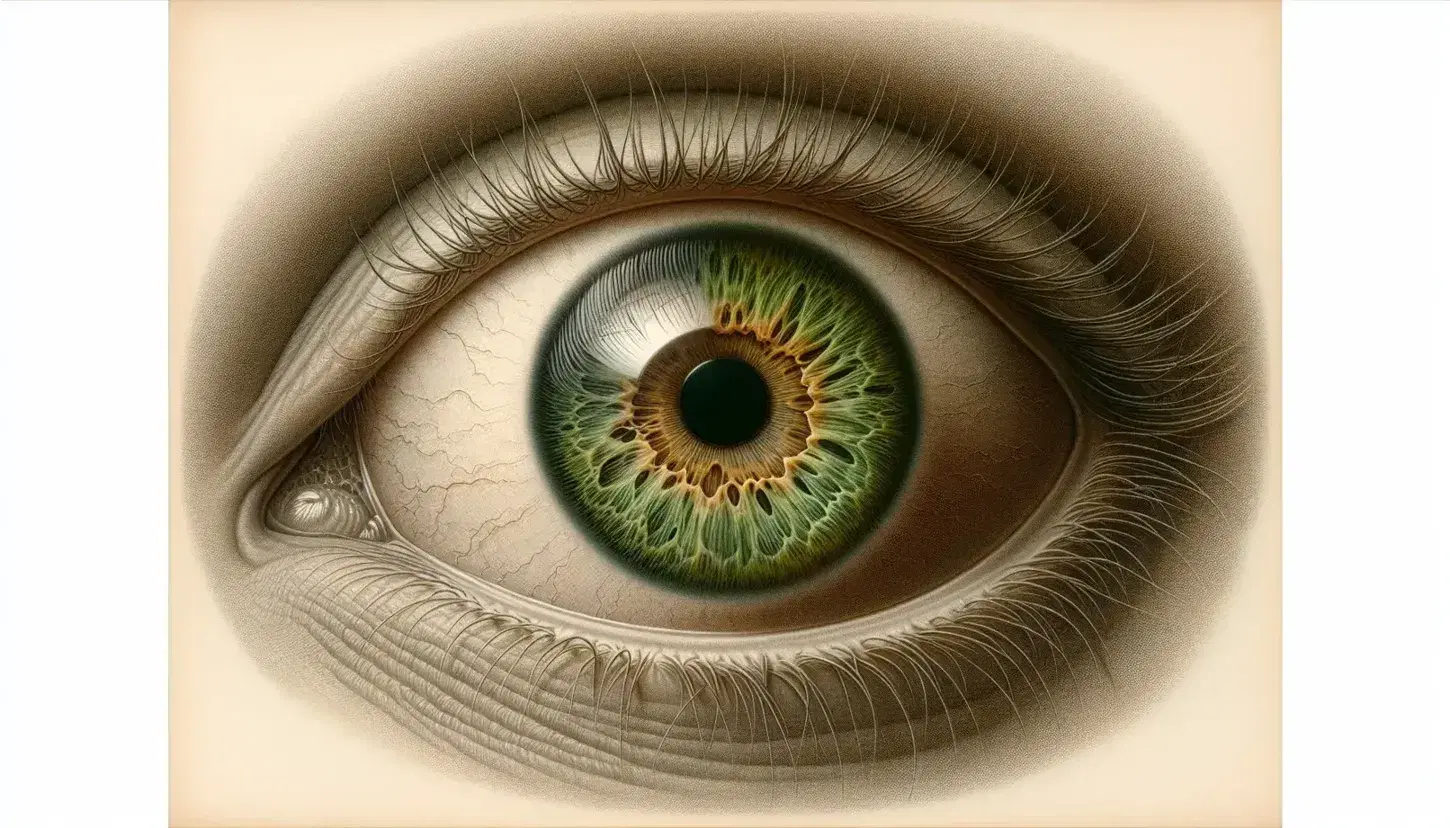 Detailed illustration of a human eye with a green-brown iris, visible blood vessels on the sclera, and natural eyelashes, reflecting a clinical observation.