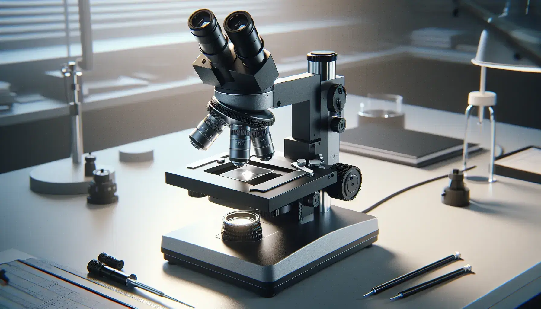 Microscopio óptico de laboratorio sobre mesa de trabajo con base negra, brazo metálico, ocular, revolver con tres objetivos, platina con portaobjetos y fuente de luz, en un entorno limpio.