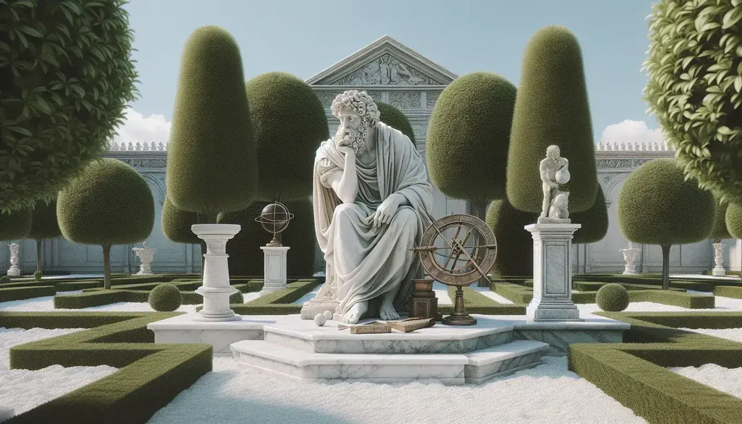 Estatua de mármol blanco de filósofo renacentista en jardín con setos geométricos, senderos de grava, fuente de piedra y antiguos instrumentos científicos.
