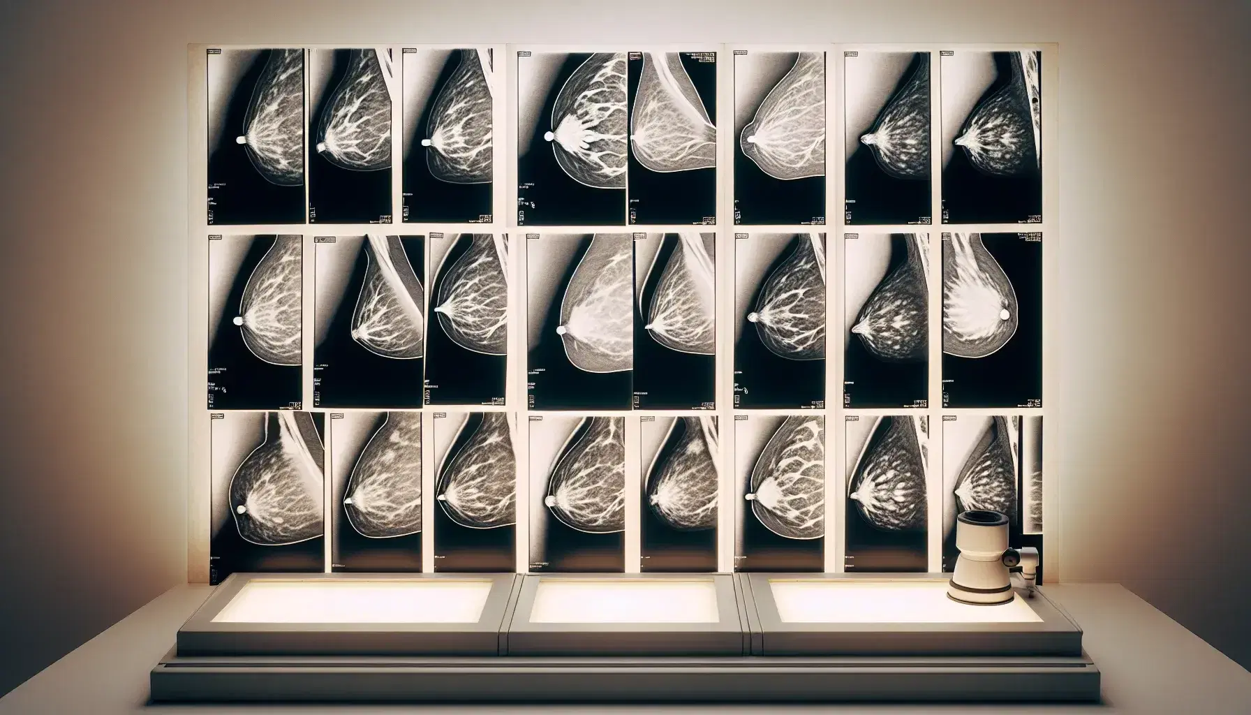 Serie de mamografías en tonos de gris mostrando tejido mamario en distintas densidades, dispuestas en filas y columnas sobre mesa de luz iluminada.