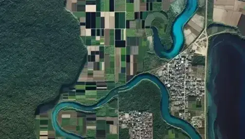 Vista aérea de un paisaje variado con bosque denso, campos de cultivo, río serpenteante y una pequeña comunidad con tejados rojos y grises.