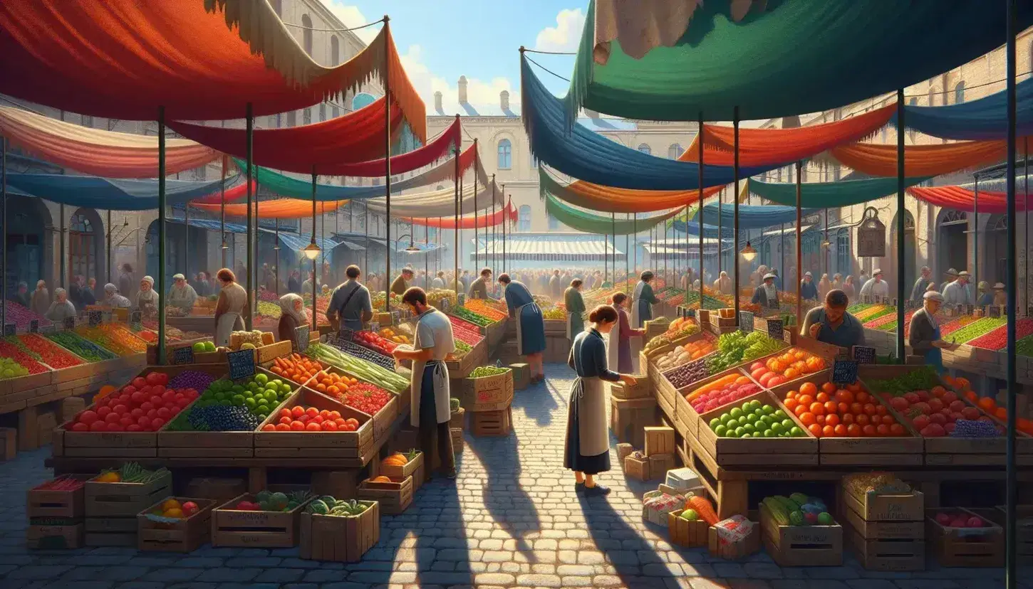 Mercado al aire libre con puestos de frutas y verduras frescas bajo toldos coloridos, vendedores atendiendo clientes y personas comprando en un día soleado.
