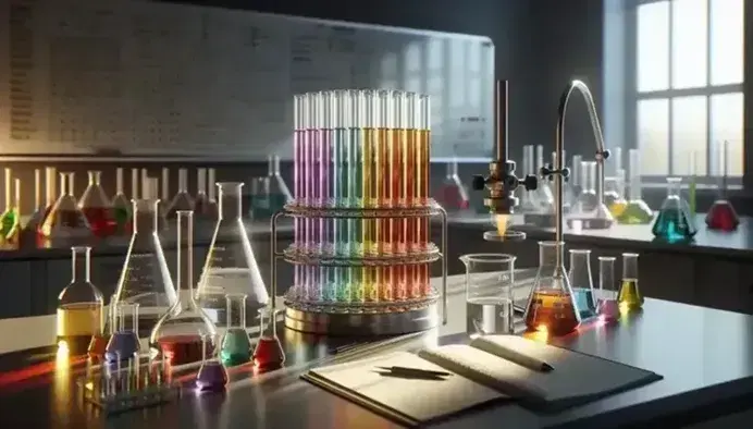 Laboratorio chimico con provette colorate su scaffale metallico, becher trasparente e cilindro graduato con liquido giallo pallido, senza fiamma visibile del Bunsen.