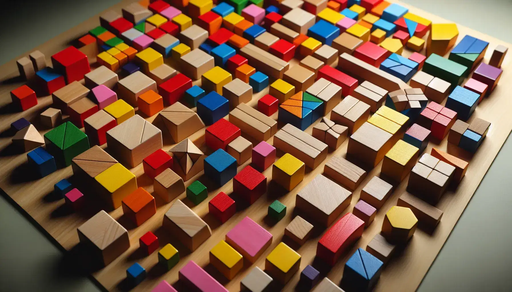 Colorful wooden blocks in primary and secondary hues arranged in a tessellation pattern on a light wooden surface, showcasing a variety of shapes.