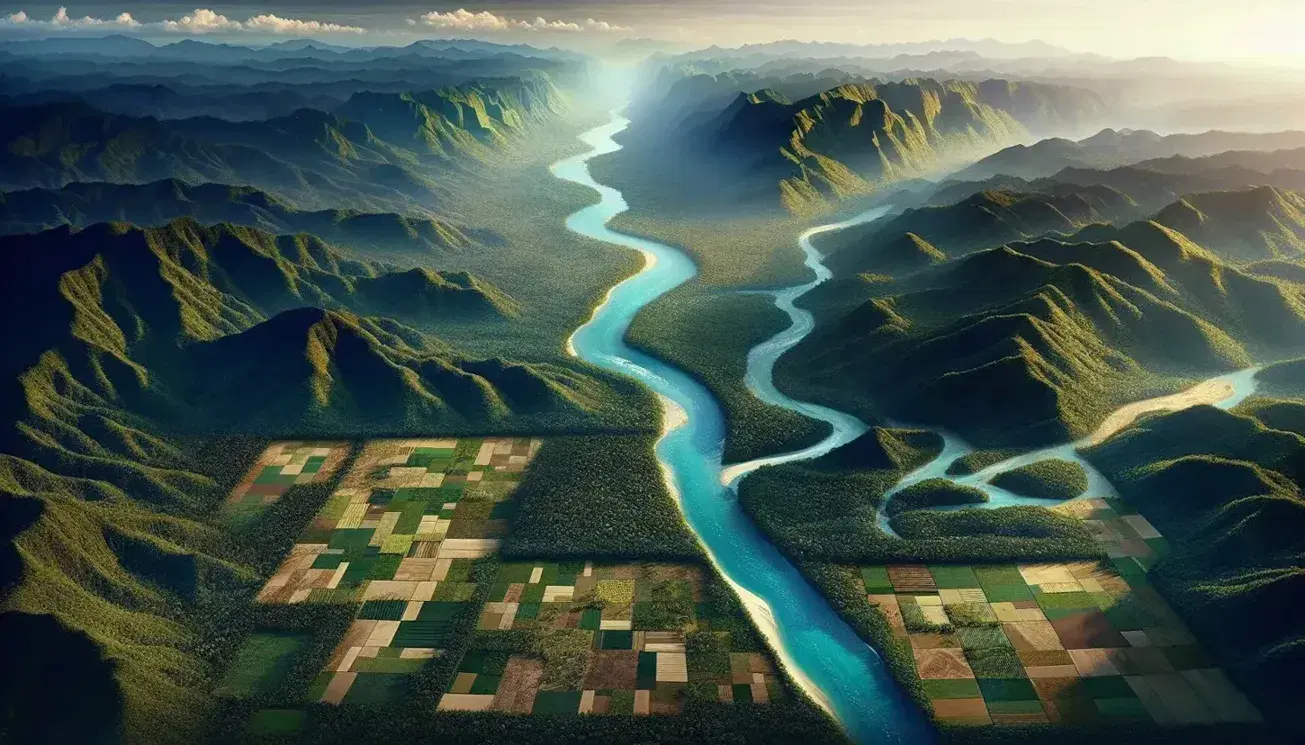 Vista aérea de un río serpenteante con aguas azules, flanqueado por densa vegetación y montañas, junto a campos de cultivo.