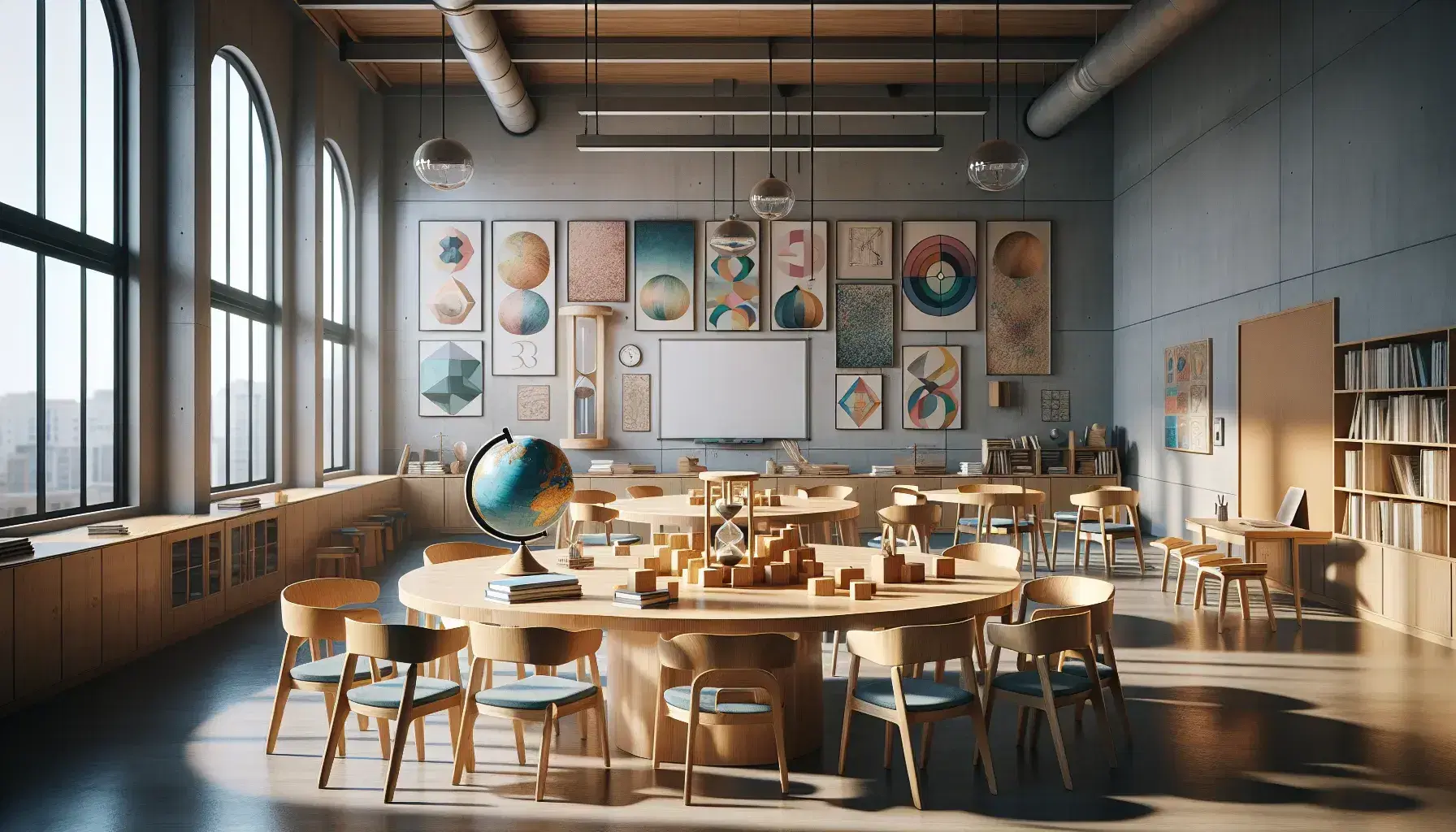 Aula luminosa con mesa redonda de madera, sillas con asientos azules, globo terráqueo, reloj de arena y bloques geométricos, junto a estantería con libros y pizarrón blanco.