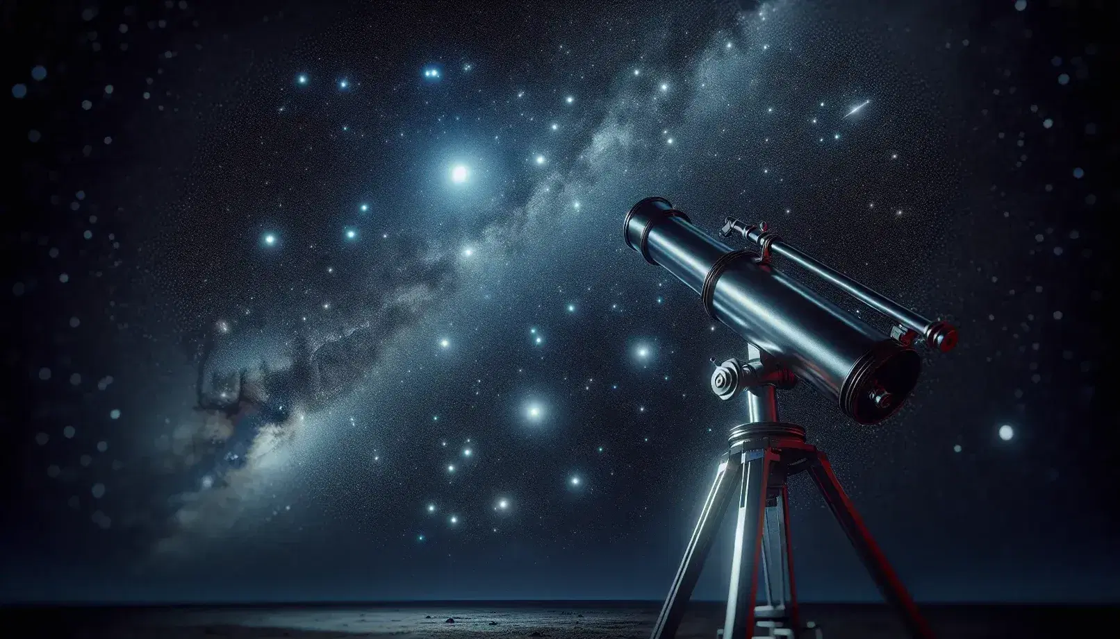 Silver telescope on tripod aimed at a star-filled night sky with prominent red and blue stars, showcasing the beauty of astronomy.